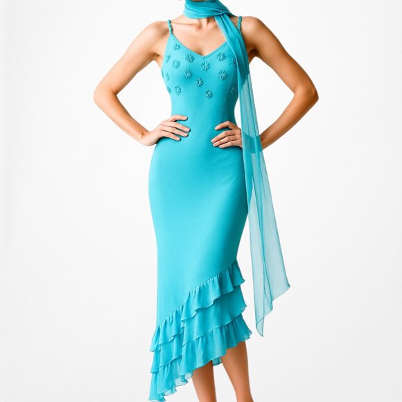 Vintage Blue Silk High Low Floral Beaded Slip On Midi Cocktail Dress Size S/M - Picture 3 of 8